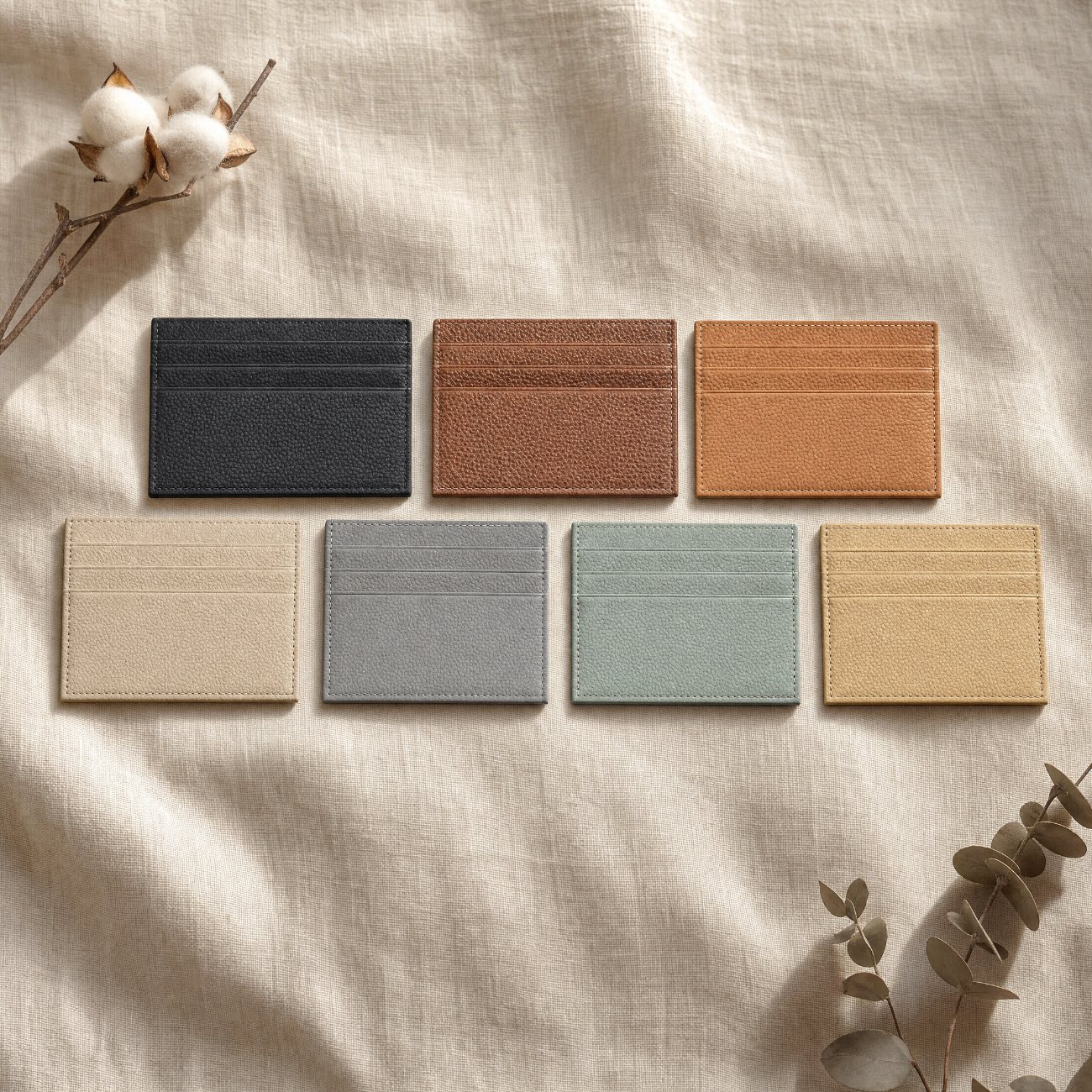 Seven leather colourways flat lay